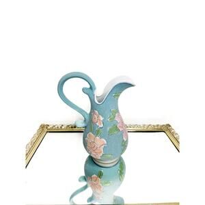 Vintage Glazed Sand Textured Botanical Roses Blue Ceramic Ewer Pitcher Vase